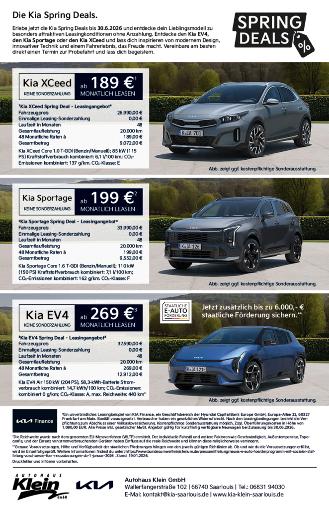 Kia Spring Deals – Leasingangebote Kia XCeed, Kia Sportage, Kia EV4