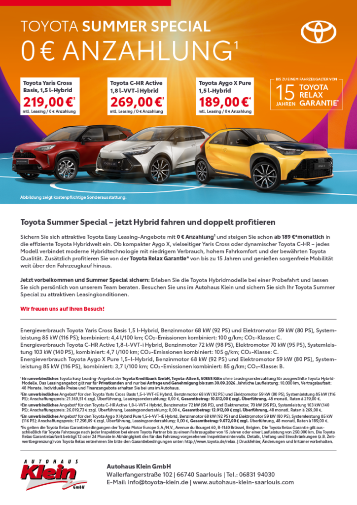 Toyota Summer Special Angebote Autohaus Klein